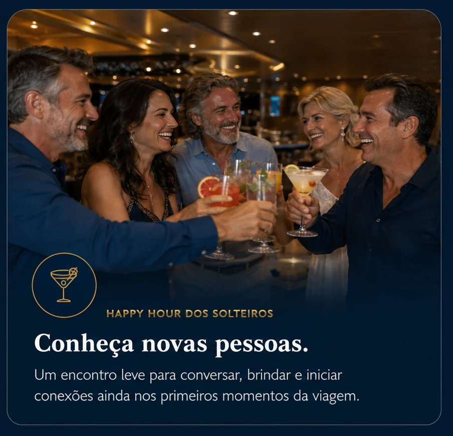 Happy Hour dos Solteiros com grupo de pessoas brindando drinks em ambiente sofisticado